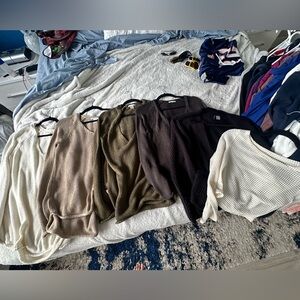 4 cable knit sweaters, 1 cardigan and 1 waffle long sleeve shirt.